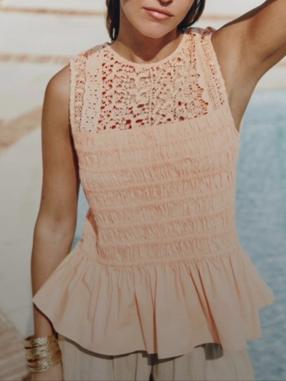 Zara Peplum Crochet Lace Sleeveless Top - Peach NWT Size S